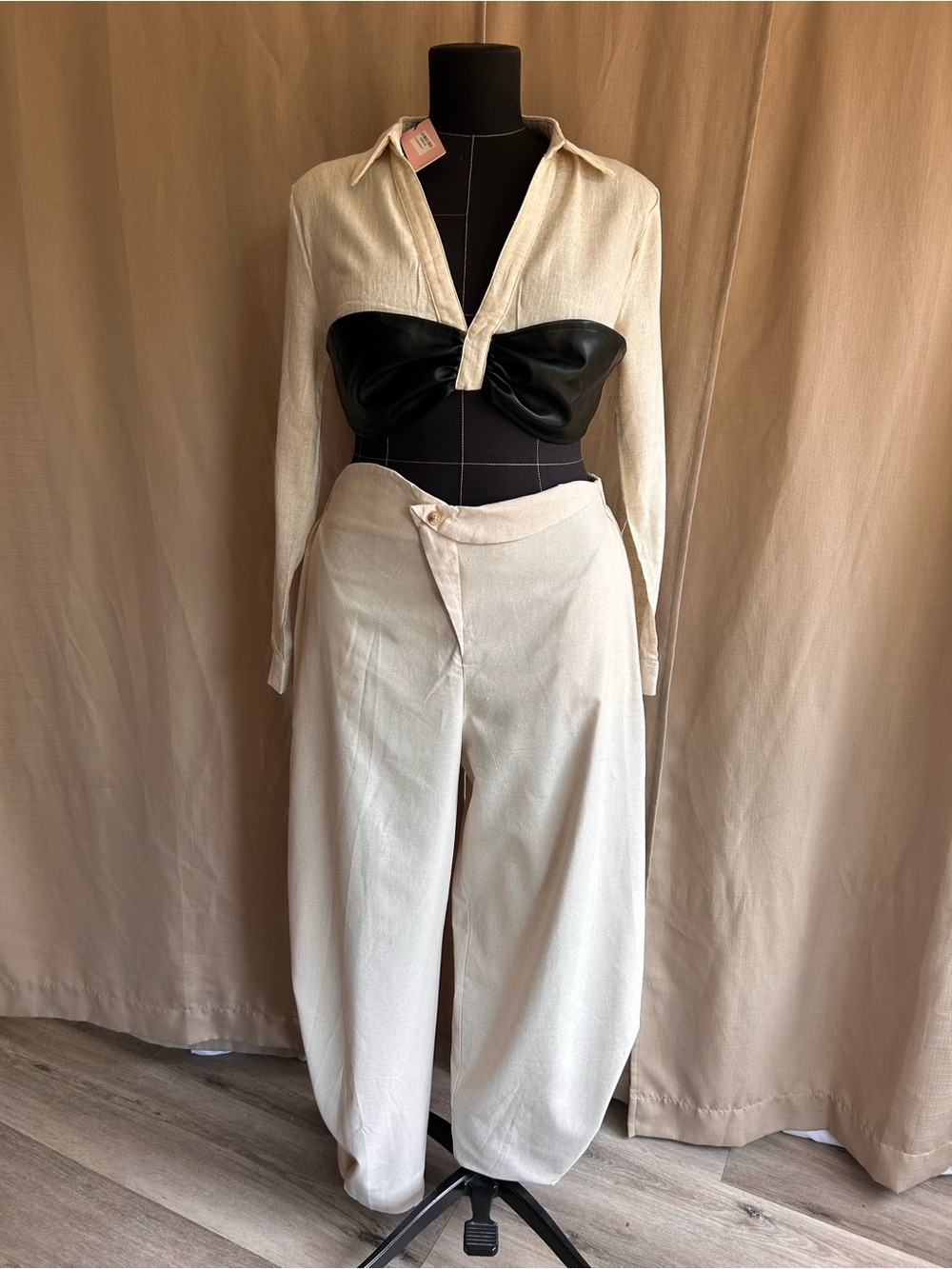 Linen Blend Button Asymmetrical Ruched Barrel Trousers